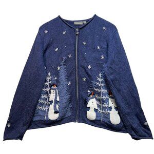 Croft & Barrow Womens Snowman Zip Up Cardigan Sweater Knit Long Sleeve Sz L Blue